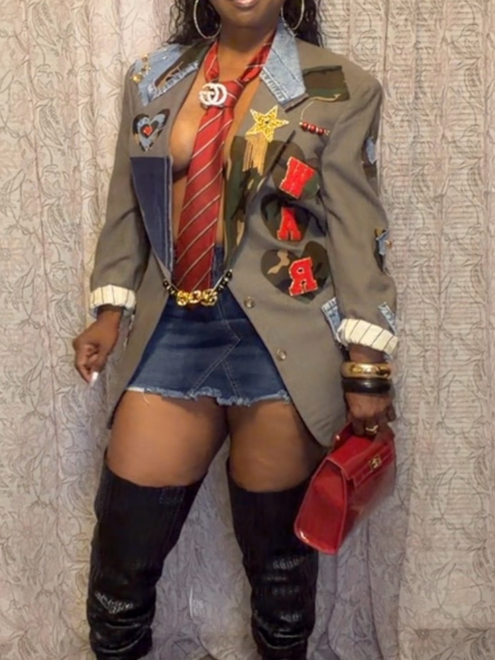 Upcycled Dior Patchwork Brown Blazer with Camouflage & Denim Accents - Picture 5 of 12